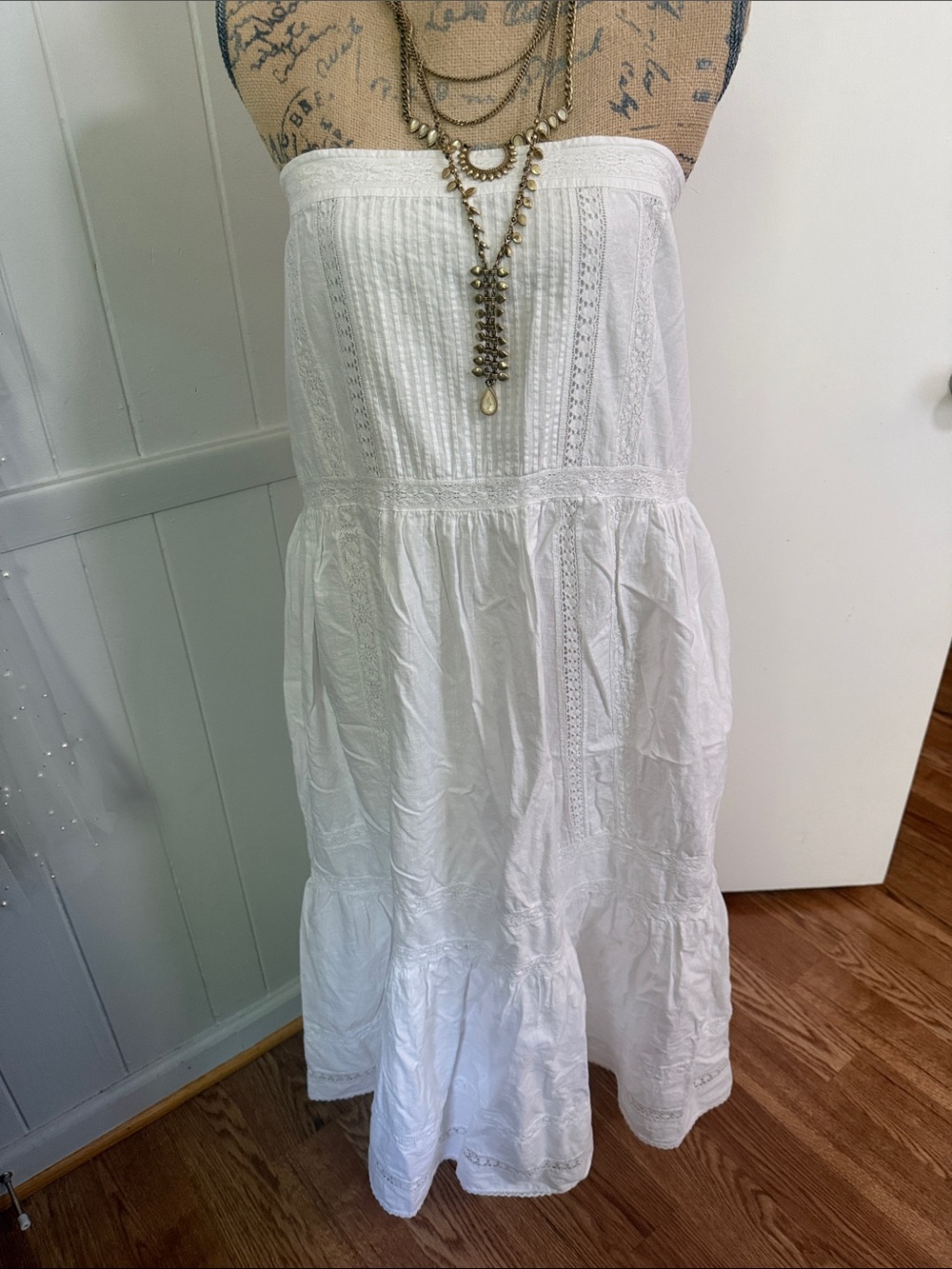Strapless White Lace-Trim Maxi Dress